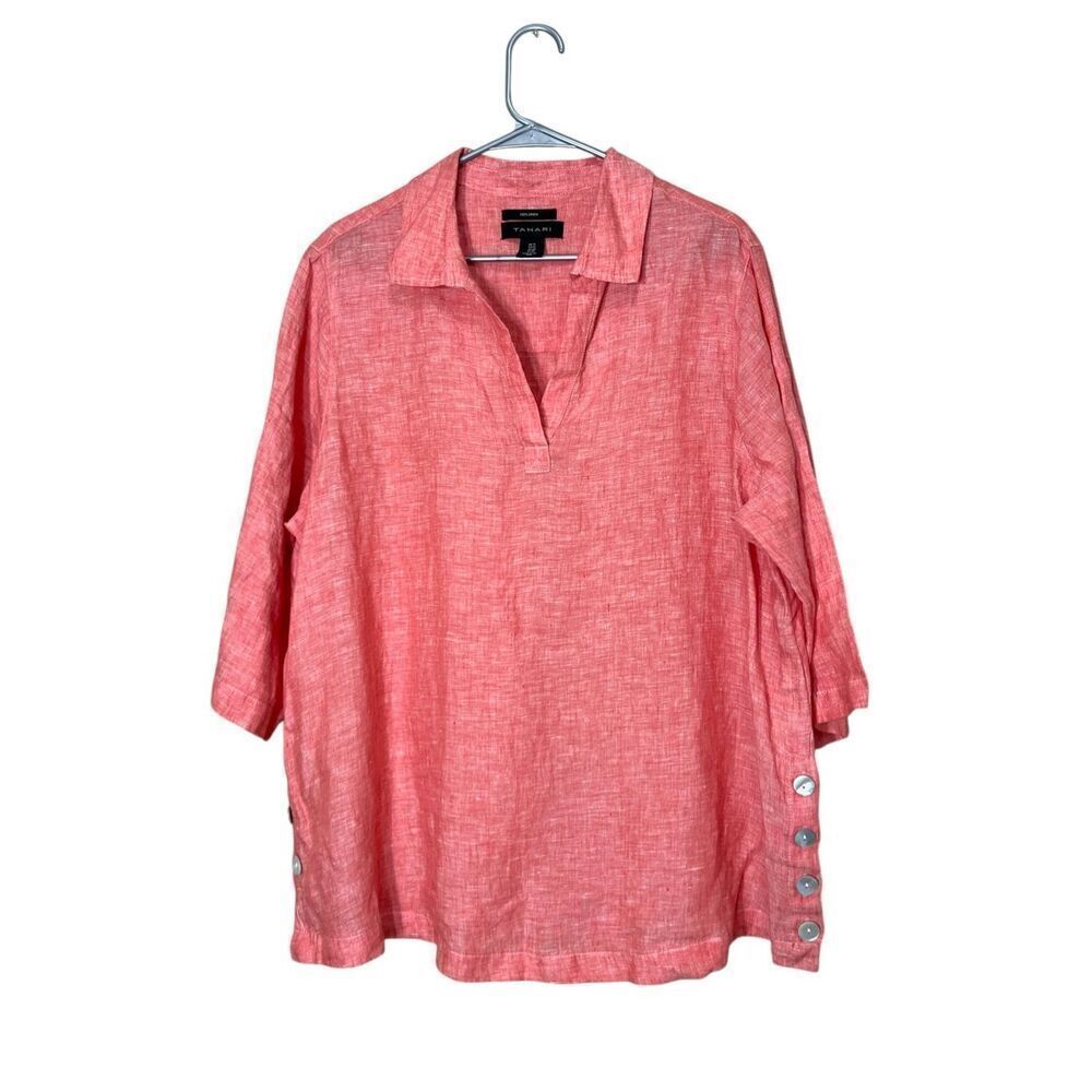 Tahari Womens Linen Tunic Side Button 3/4 Sleeve‎ Popover Shirt Plus Size 1X